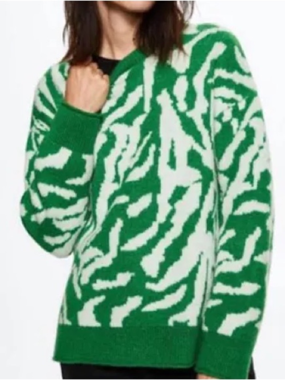 Mango MNG Green Cream Abstract Zebra Print Oversized Sweater Size S